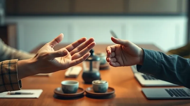 A photorealistic image of two diverse hands, one extending an open palm and the other with fingers subtly crossed, at a negotiation table with culturally distinct items like a traditional tea set and a modern laptop, cinematic lighting, sharp focus on the hands, depth of field blurring the background, 8K hyper-detailed, professional photography.