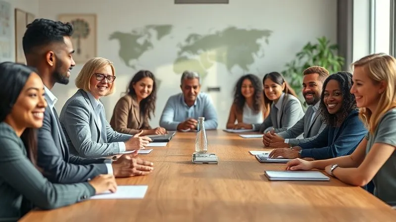 A photorealistic image of a diverse group of business professionals around a large wooden table, engaged in a collaborative discussion, smiling and using open body language. The setting is a modern, sunlit conference room, with subtle cultural motifs in the background, cinematic lighting, sharp focus on the faces, depth of field, 8K, professional photography.