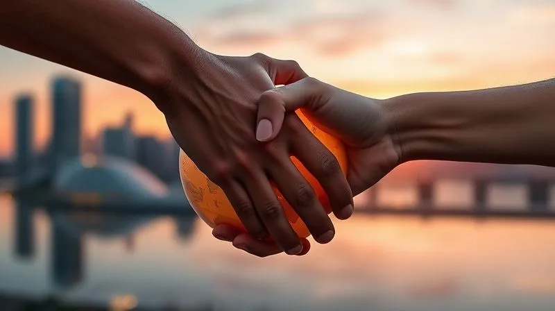 A photorealistic image of two diverse hands clasping firmly over a stylized, glowing globe, symbolizing global partnership and agreement. The background shows a blurred, modern cityscape at sunset, conveying hope and future prosperity. Cinematic lighting, sharp focus on the hands and globe, depth of field, 8K, professional photography.