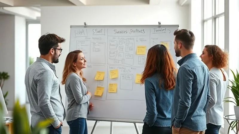 A photorealistic image of a diverse group of professionals in a modern, brightly lit office space, actively collaborating around a large whiteboard covered with sticky notes and diagrams, representing a structured design thinking sprint. Sharp focus on the team, depth of field blurring the background, 8K, professional photography, cinematic lighting, shot on a high-end DSLR.