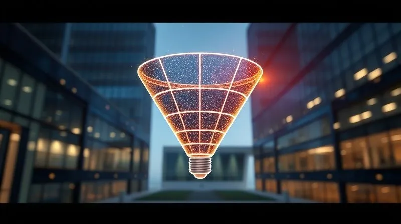 A photorealistic abstract visualization of a sophisticated innovation funnel, with distinct stages narrowing from a broad input to a focused output, represented by glowing data points and lines. Cinematic lighting, professional photography, 8K, sharp focus on the funnel structure, depth of field blurring a background of corporate buildings, shot on a high-end DSLR.