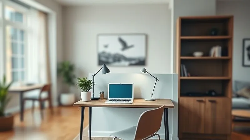 A photorealistic image of a small, well-defined home office desk setup in the corner of a modern, slightly blurred shared living room. The desk is minimalist with a laptop, a plant, and a task lamp. A subtle, stylish room divider or a tall bookshelf partially screens the desk from the rest of the room, which shows hints of activity like a distant sofa and coffee table. Cinematic lighting, sharp focus on the workspace, depth of field blurring the background, 8K hyper-detailed.