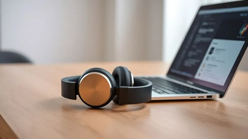 A pair of sleek, high-quality noise-canceling headphones (e.g., Sony WH-1000XM5 or Bose QuietComfort) resting on a clean, minimalist wooden desk. A modern laptop is open next to them, displaying a productivity app or a focused work document. The background is softly blurred. Photorealistic, professional photography, 8K, cinematic lighting, sharp focus, depth of field, neutral color palette.