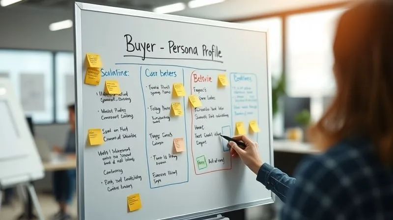 A photorealistic, professional photography, 8K, cinematic lighting, sharp focus on a detailed buyer persona profile being built on a whiteboard, with sticky notes and data points surrounding it, depth of field blurring office background.