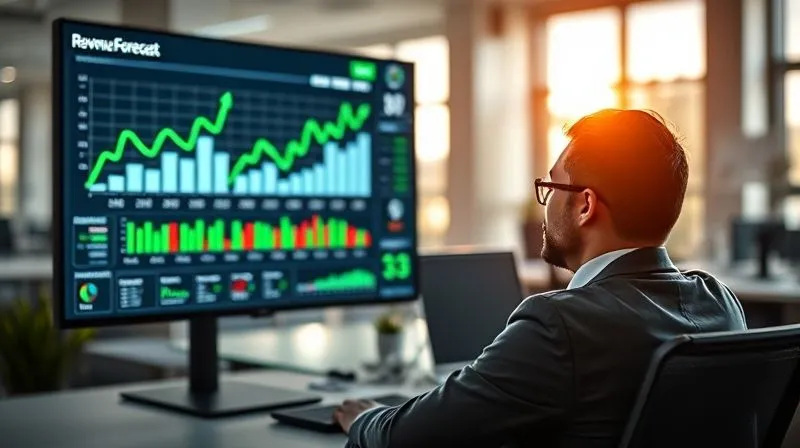 A photorealistic, professional photography, 8K, cinematic lighting, sharp focus on a business analyst looking at a sophisticated revenue forecast dashboard on a large monitor, with green upward trends and clear data visualizations. Depth of field blurring the background of a modern office.