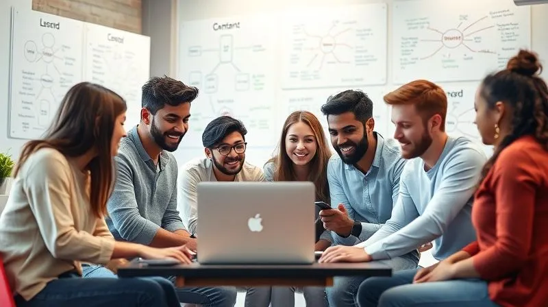 A photorealistic image of a young, diverse group of content creators collaboratively brainstorming ideas around a laptop in a brightly lit, modern co-working space. Whiteboards in the background are filled with mind maps and keywords. Professional photography, 8K, cinematic lighting, sharp focus on the group, depth of field blurring the background, shot on a high-end DSLR, conveying creativity and collaboration.
