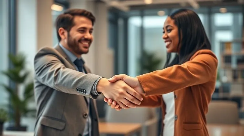 A photorealistic image of two diverse entrepreneurs shaking hands with genuine smiles, symbolizing a successful business partnership. They are in a modern, light-filled office space, with a subtle digital interface showing connected networks in the background. Professional photography, 8K, cinematic lighting, sharp focus on the handshake, depth of field blurring the background, shot on a high-end DSLR, conveying trust and collaboration.