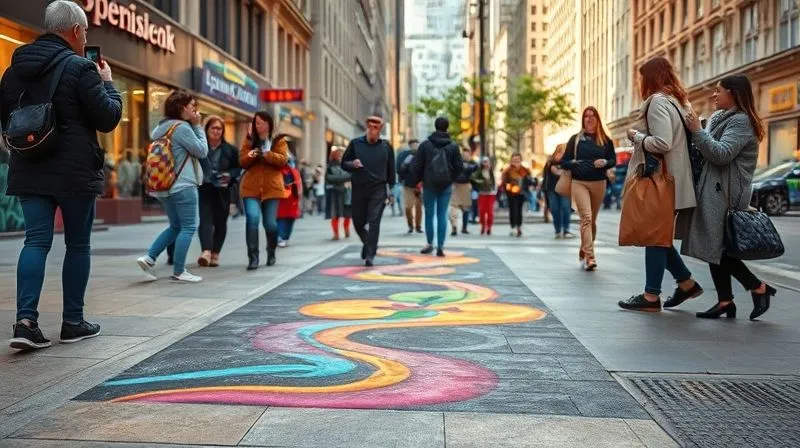 A photorealistic image of a vibrant, temporary street art installation made from colorful chalk on a busy city sidewalk, depicting a metaphorical path from a small seed to a thriving tree. Pedestrians are pausing, looking intrigued, and taking photos with their smartphones. Professional photography, 8K, cinematic lighting, sharp focus on the chalk art, depth of field blurring the background, shot on a high-end DSLR, conveying creativity and public engagement.