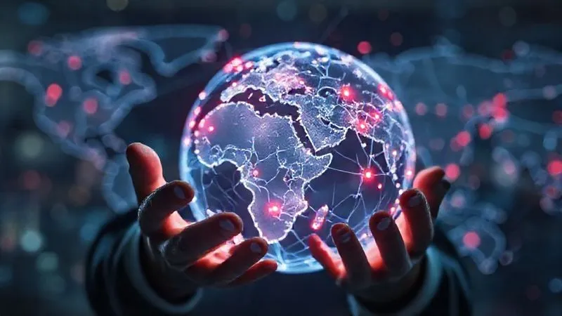 A photorealistic, professional photography, 8K, cinematic lighting, sharp focus, depth of field, shot on a high-end DSLR, depicting a translucent 3D globe with glowing neural network lines representing interconnected global supply chains. Various subtle, ominous red 'hot spots' flicker across different regions, symbolizing geopolitical instability. In the foreground, a business analyst's hands are hovering over a holographic interface displaying real-time risk data. The mood is analytical and urgent.