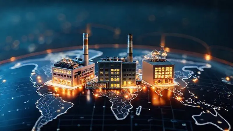 A photorealistic, professional photography, 8K, cinematic lighting, sharp focus, depth of field, shot on a high-end DSLR, depicting three distinct factory buildings on a stylized world map. One is close to the home country (reshoring), one is in a neighboring country (nearshoring), and another in a politically aligned distant nation (friend-shoring), all connected by glowing, secure supply lines. The overall mood is strategic and protective.
