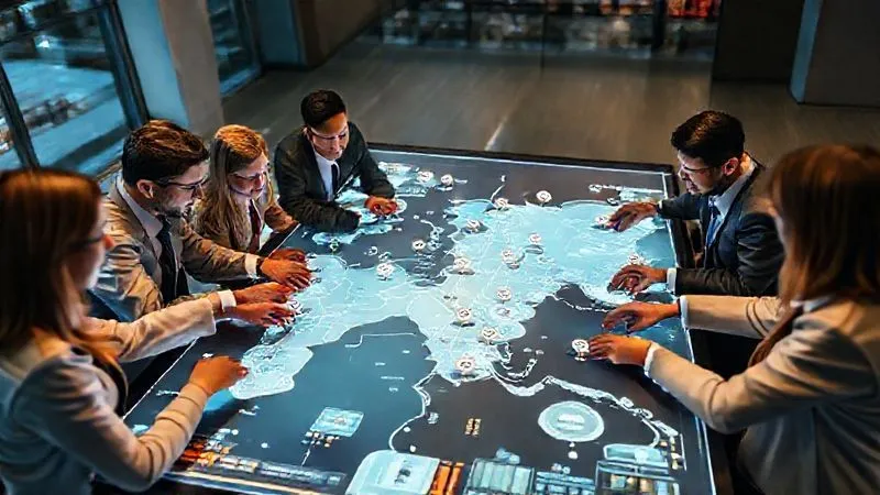 A photorealistic, professional photography, 8K, cinematic lighting, sharp focus, depth of field, shot on a high-end DSLR, depicting a diverse team of business professionals gathered around a large interactive holographic table. The table displays a complex, dynamic supply chain map with various simulated disaster icons (e.g., 'sanctions,' 'port closure'). The team is actively discussing and strategizing, pointing at different parts of the map, with a sense of focused urgency. The lighting is crisp and professional.