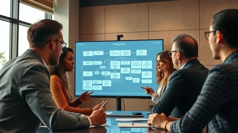 A diverse group of professionals in a modern conference room, thoughtfully analyzing a complex flowchart on a large screen, pens in hand, engaged in deep discussion. The atmosphere is serious but collaborative, with warm, soft lighting. Photorealistic, professional photography, 8K, cinematic lighting, sharp focus on the team and screen, depth of field blurring the room's edges, shot on a high-end DSLR.
