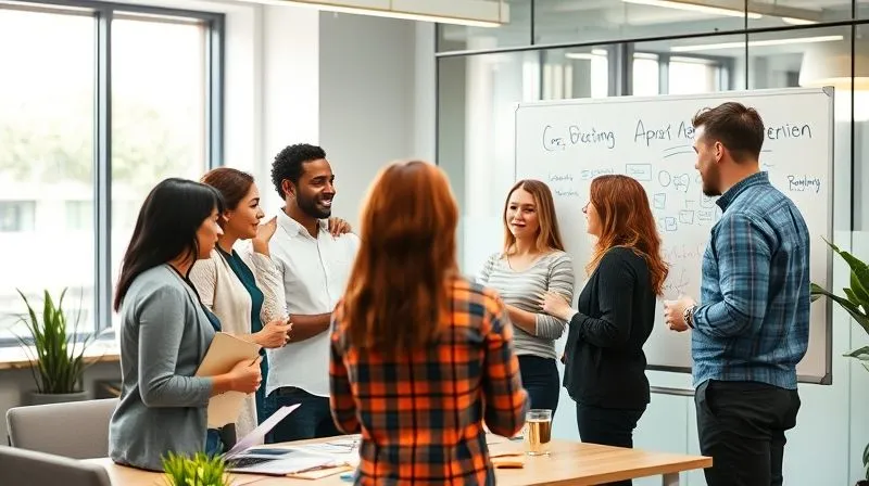 A diverse group of professionals in a brightly lit, modern office space, actively collaborating around a whiteboard filled with ideas and diagrams. One team member is confidently presenting, while others are engaged in discussion and adding notes. The atmosphere is dynamic and positive. Photorealistic, professional photography, 8K, cinematic lighting, sharp focus on the team's interaction, depth of field blurring the background, shot on a high-end DSLR.