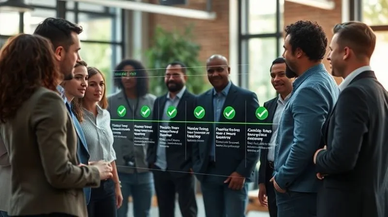 A diverse team of professionals engaged in a lively discussion around a large, interactive digital display showing a project timeline with green checkmarks indicating progress. The atmosphere is collaborative and energetic, with natural light streaming in. Photorealistic, professional photography, 8K, cinematic lighting, sharp focus on the team's positive interaction, depth of field blurring the background, shot on a high-end DSLR.