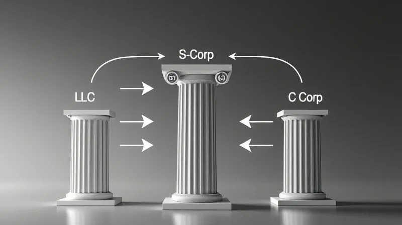 A photorealistic 3D infographic showing three distinct pillars representing LLC, S-Corp, and C-Corp, with arrows and icons indicating their respective features for liability, taxation, and investment potential. The C-Corp pillar is taller and has more complex connections, all under cinematic lighting, sharp focus, depth of field, 8K hyper-detailed, professional photography, shot on a high-end DSLR.
