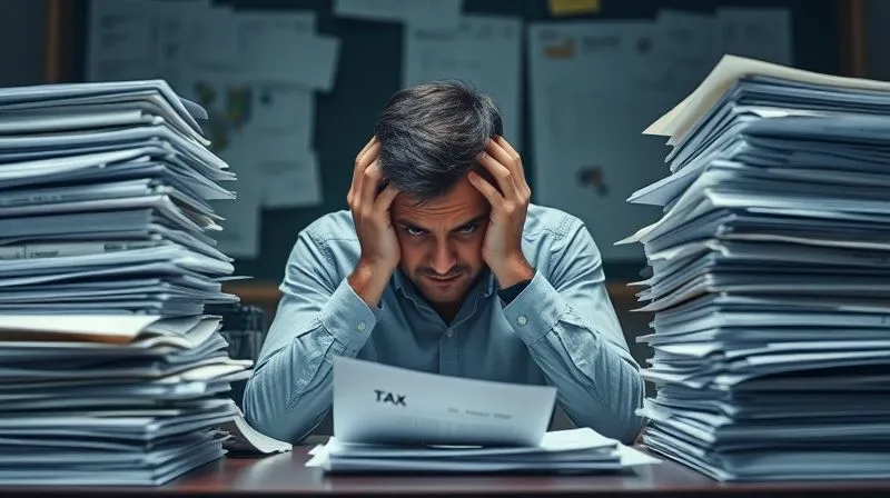 A photorealistic image of a person sitting at a desk, head in hands, surrounded by stacks of confusing legal documents and tax forms, with a worried expression. The scene is dimly lit, emphasizing the feeling of being overwhelmed, sharp focus on the person, depth of field, 8K hyper-detailed, professional photography, shot on a high-end DSLR.