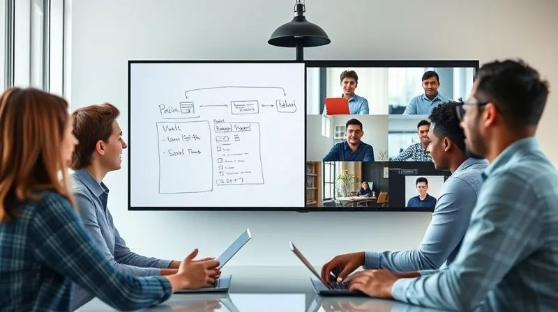 A photorealistic image showing a split screen, with one side depicting team members in a well-lit office collaborating around a digital whiteboard, and the other side showing remote team members actively participating via video conference, all visuals seamlessly integrated, symbolizing effective hybrid communication. Professional photography, 8K, cinematic lighting, sharp focus, depth of field, shot on a high-end DSLR. A photorealistic image showing a split screen, with one side depicting team members in a well-lit office collaborating around a digital whiteboard, and the other side showing remote team members actively participating via video conference, all visuals seamlessly integrated, symbolizing effective hybrid communication. Professional photography, 8K, cinematic lighting, sharp focus, depth of field, shot on a high-end DSLR.
