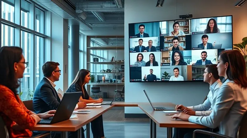 A photorealistic image depicting a diverse group of professionals collaborating seamlessly. One half of the image shows individuals in a modern office space, while the other half shows remote workers engaged via high-definition video calls on large screens, all interacting as equals, with a symbolic bridge connecting the two environments. Professional photography, 8K, cinematic lighting, sharp focus, depth of field, shot on a high-end DSLR. A photorealistic image depicting a diverse group of professionals collaborating seamlessly. One half of the image shows individuals in a modern office space, while the other half shows remote workers engaged via high-definition video calls on large screens, all interacting as equals, with a symbolic bridge connecting the two environments. Professional photography, 8K, cinematic lighting, sharp focus, depth of field, shot on a high-end DSLR.