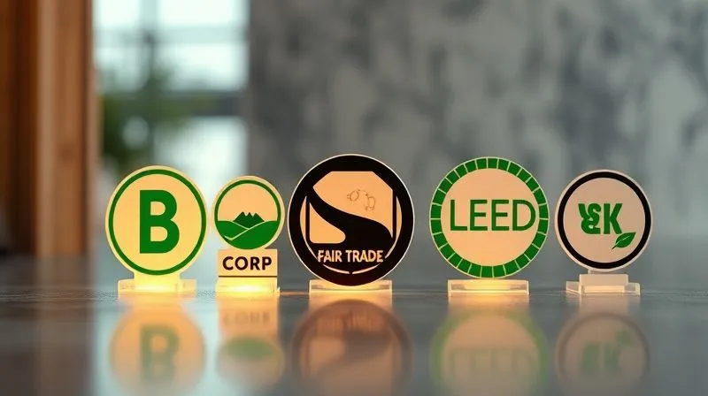A photorealistic image of a series of distinct, official-looking sustainability certification badges and logos (e.g., B Corp, Fair Trade, LEED) neatly arranged on a modern, textured background, with a soft glow emanating from them. Cinematic lighting, sharp focus, depth of field, 8K hyper-detailed, professional photography, symbolizing credible third-party verification. A photorealistic image of a series of distinct, official-looking sustainability certification badges and logos (e.g., B Corp, Fair Trade, LEED) neatly arranged on a modern, textured background, with a soft glow emanating from them. Cinematic lighting, sharp focus, depth of field, 8K hyper-detailed, professional photography, symbolizing credible third-party verification.