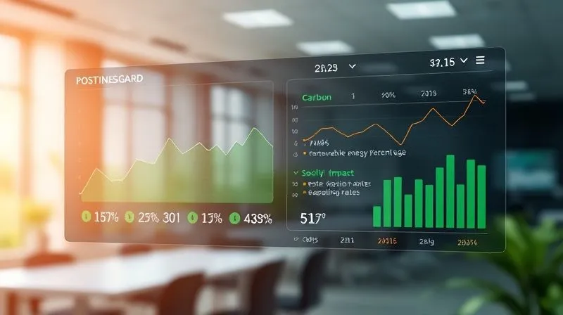 A photorealistic image of a modern, sleek data dashboard displaying various sustainability metrics: carbon emissions trends, renewable energy percentage, waste diversion rates, and social impact scores, all with clear, positive trend lines. Cinematic lighting, sharp focus on the data, depth of field blurring a professional office background, 8K hyper-detailed, professional photography, symbolizing transparent measurement of impact. A photorealistic image of a modern, sleek data dashboard displaying various sustainability metrics: carbon emissions trends, renewable energy percentage, waste diversion rates, and social impact scores, all with clear, positive trend lines. Cinematic lighting, sharp focus on the data, depth of field blurring a professional office background, 8K hyper-detailed, professional photography, symbolizing transparent measurement of impact.