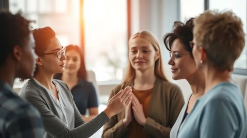 photorealistic, professional photography, 8K, cinematic lighting, sharp focus, depth of field, shot on a high-end DSLR, a diverse group of employees in a modern, calm office setting, engaged in a mindfulness exercise or a supportive group discussion. A soft, warm light illuminates their faces, conveying a sense of peace and connection. One person gently places a hand on another's shoulder in a gesture of support. The background is slightly blurred, focusing on the human connection.