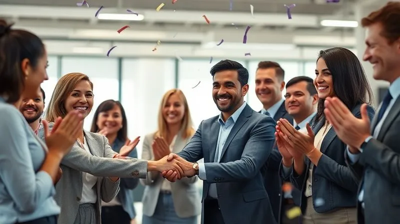 photorealistic, professional photography, 8K, cinematic lighting, sharp focus, depth of field, shot on a high-end DSLR, a diverse team of professionals in a modern, brightly lit office, genuinely smiling and applauding one team member who is receiving a small, symbolic award or a handshake from a leader. The atmosphere is warm, celebratory, and authentic, with confetti subtly falling in the background, conveying joy and appreciation.