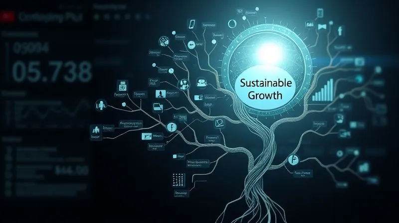 A photorealistic, professional photography, 8K, cinematic lighting, sharp focus, depth of field, shot on a high-end DSLR, showing a complex, organic growth chart or a tree of data, with various branches representing different KPIs (revenue, user engagement, market share) all feeding into a central, glowing orb labeled 'Sustainable Growth.' The image conveys continuous measurement and iterative improvement. The atmosphere is analytical yet hopeful. A photorealistic, professional photography, 8K, cinematic lighting, sharp focus, depth of field, shot on a high-end DSLR, showing a complex, organic growth chart or a tree of data, with various branches representing different KPIs (revenue, user engagement, market share) all feeding into a central, glowing orb labeled 'Sustainable Growth.' The image conveys continuous measurement and iterative improvement. The atmosphere is analytical yet hopeful.