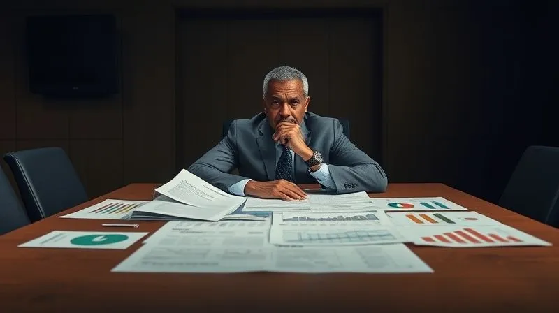 photorealistic, professional photography, 8K, cinematic lighting, sharp focus, depth of field shot on a high-end DSLR, depicting a diverse leader with a thoughtful, focused expression, sitting alone at a large conference table, reviewing complex financial charts and strategic documents spread out before them, surrounded by subtle shadows, symbolizing the weight of a tough decision.