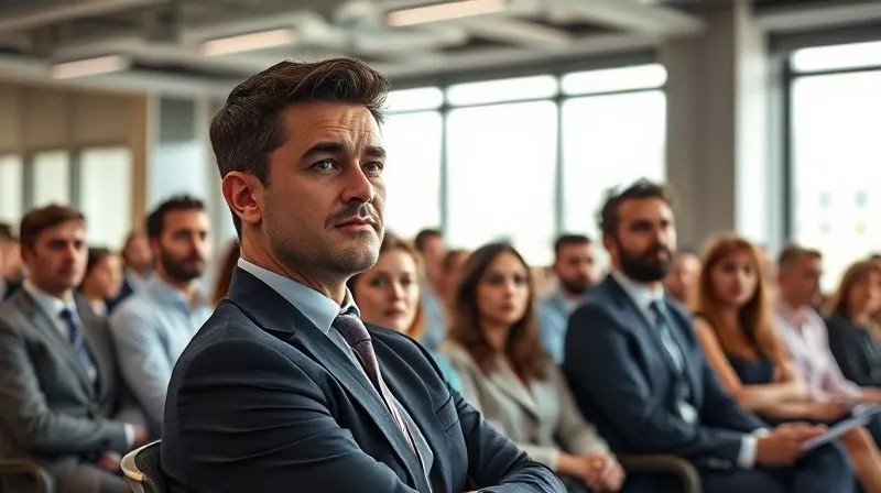 photorealistic, professional photography, 8K, cinematic lighting, sharp focus, depth of field shot on a high-end DSLR, depicting a diverse group of employees seated attentively in a modern, well-lit conference room, listening to a leader who is speaking with a serious but compassionate expression. The atmosphere is engaged and slightly tense, reflecting a significant announcement, with natural light streaming through large windows.