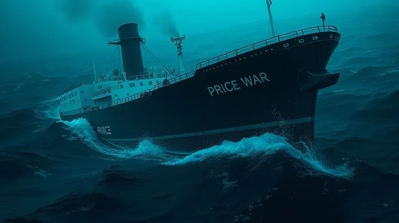 A photorealistic image of a sinking ship, its hull marked with 'Price War', slowly submerging into dark, turbulent waters, cinematic lighting, 8K, sharp focus, depth of field.