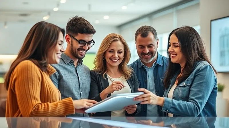 A photorealistic image of a diverse group of smiling, satisfied customers interacting with a sleek, modern product in a bright, inviting space, representing strong brand loyalty and positive customer experience, 8K, cinematic lighting.