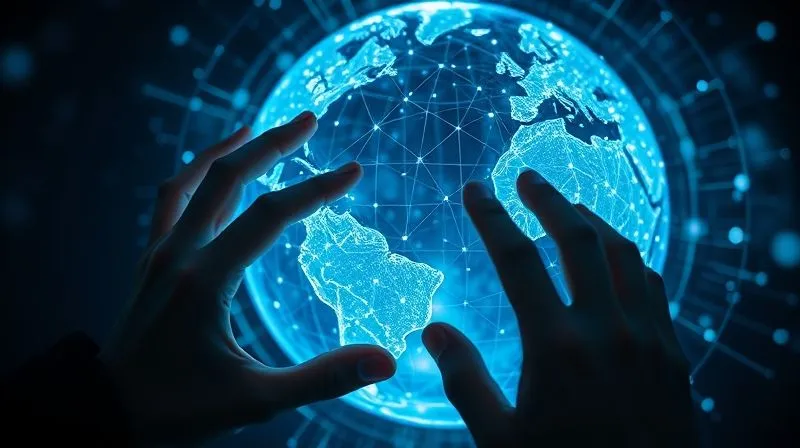 A photorealistic image of a complex network of data points glowing on a holographic globe, with hands hovering over a touch screen, symbolizing advanced data analytics and technological innovation in global business, 8K, cinematic lighting.