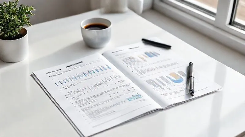 A photorealistic image of a detailed, professional ESG report open on a minimalist desk, with a pen and a cup of coffee nearby. The report shows clear graphs and text, bathed in soft, natural light, conveying transparency and thoroughness, 8K hyper-detailed.