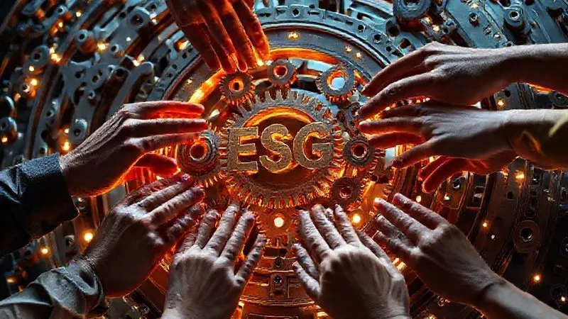 A photorealistic image of diverse hands (representing different stakeholders) collaboratively arranging gears within a complex, glowing financial mechanism, symbolizing the integration of ESG factors into investment decision-making. Cinematic lighting, sharp focus, 8K hyper-detailed.