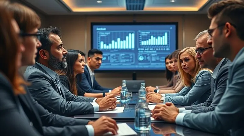 A photorealistic image of a diverse group of business professionals in a modern boardroom, intensely focused on a large data projection, charts and graphs visible, cinematic lighting, sharp focus on their expressions of deep thought, depth of field, 8K hyper-detailed.