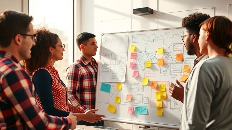A photorealistic image of a diverse team collaborating around a whiteboard filled with strategic diagrams and sticky notes, vibrant energy, natural light streaming in, sharp focus on the team's interaction, depth of field, 8K hyper-detailed.