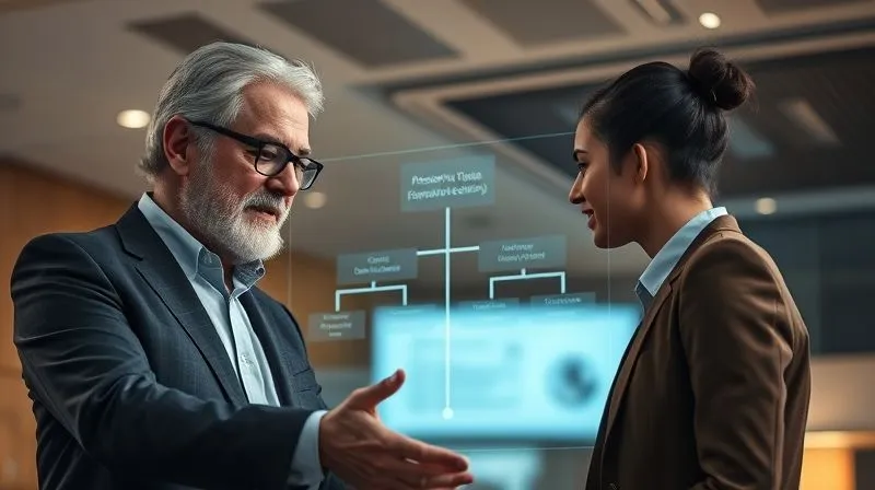 A photorealistic image of a wise, experienced business mentor guiding a younger professional through a strategic decision tree on a transparent screen, warm and encouraging atmosphere, soft cinematic lighting, sharp focus on their interaction, depth of field, 8K hyper-detailed.
