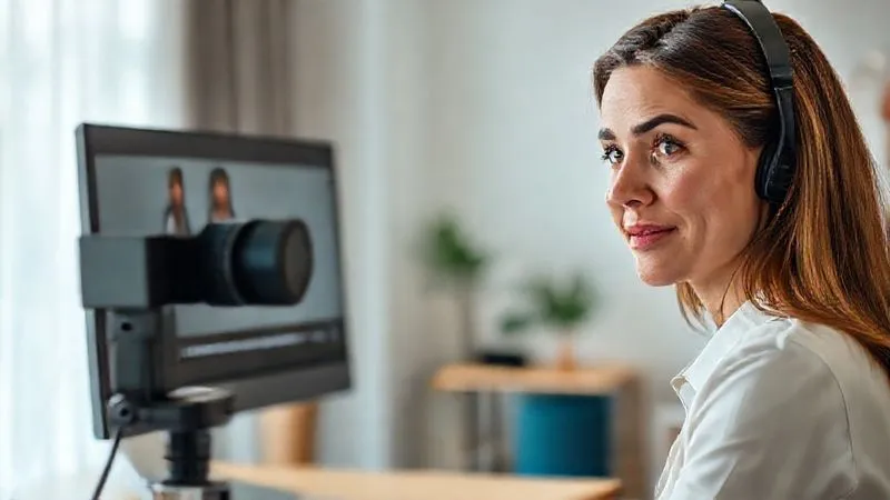 A photorealistic image of a professional woman in a modern home office, looking directly at her webcam with a thoughtful expression, recording an asynchronous video interview. The screen shows a question prompt. Soft, natural lighting, sharp focus on her face, depth of field blurring the background, 8K hyper-detailed, professional photography.