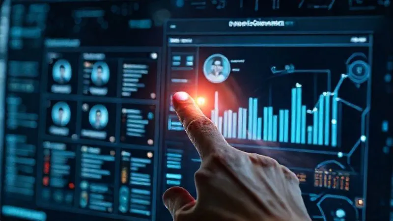 A photorealistic image of a sleek, futuristic interface displaying candidate profiles and skill matrices, with subtle AI elements like neural networks glowing in the background. A human hand is interacting with a touch screen, symbolizing human oversight and decision-making within an automated system. Cinematic lighting, sharp focus on the interface, depth of field blurring the background, 8K hyper-detailed, professional photography.