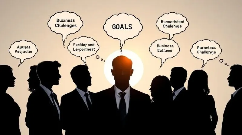 A photorealistic image of a diverse group of professional individuals, each represented by a distinct silhouette with thought bubbles above their heads showing different business challenges and goals, all converging towards a central illuminated target. Professional photography, 8K, cinematic lighting, sharp focus, depth of field, shot on a high-end DSLR. A photorealistic image of a diverse group of professional individuals, each represented by a distinct silhouette with thought bubbles above their heads showing different business challenges and goals, all converging towards a central illuminated target. Professional photography, 8K, cinematic lighting, sharp focus, depth of field, shot on a high-end DSLR.