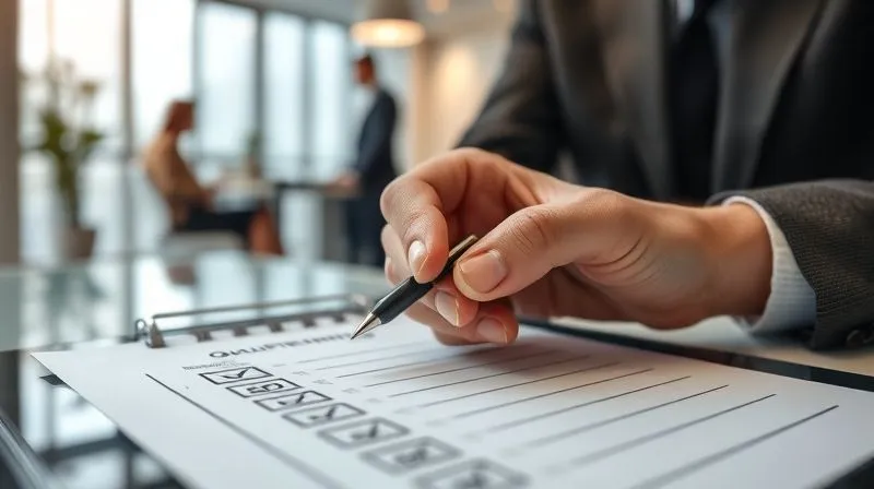 A photorealistic close-up of a sales professional's hand holding a pen, poised over a meticulously organized qualification checklist on a tablet, with a blurred background showing a focused sales team in a modern office. Professional photography, 8K, cinematic lighting, sharp focus, depth of field, shot on a high-end DSLR. A photorealistic close-up of a sales professional's hand holding a pen, poised over a meticulously organized qualification checklist on a tablet, with a blurred background showing a focused sales team in a modern office. Professional photography, 8K, cinematic lighting, sharp focus, depth of field, shot on a high-end DSLR.