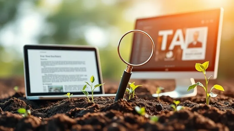 A photorealistic image of a diverse set of digital content forms (blog post on a laptop, a whitepaper on a tablet, a webinar screenshot on a monitor) organically growing like plants from a fertile soil, with subtle data streams flowing upwards towards a magnifying glass icon, symbolizing strategic content marketing and SEO driving visibility. Cinematic lighting, sharp focus, depth of field, 8K, professional photography.