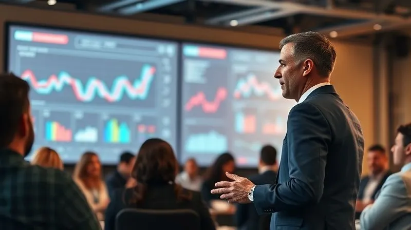 A photorealistic image of a charismatic business leader confidently addressing a diverse, engaged audience at a modern conference, with a large screen behind them displaying data visualizations. The leader is gesturing passionately, and the audience members are attentively taking notes, creating an atmosphere of shared learning and inspiration. Cinematic lighting, sharp focus, depth of field, 8K, professional photography.