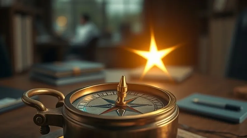 A photorealistic image of a vintage brass compass with a luminous needle pointing directly towards a glowing, distant star in a slightly blurred, professional office setting. Cinematic lighting, sharp focus on the compass and star, depth of field, 8K hyper-detailed. A photorealistic image of a vintage brass compass with a luminous needle pointing directly towards a glowing, distant star in a slightly blurred, professional office setting. Cinematic lighting, sharp focus on the compass and star, depth of field, 8K hyper-detailed.