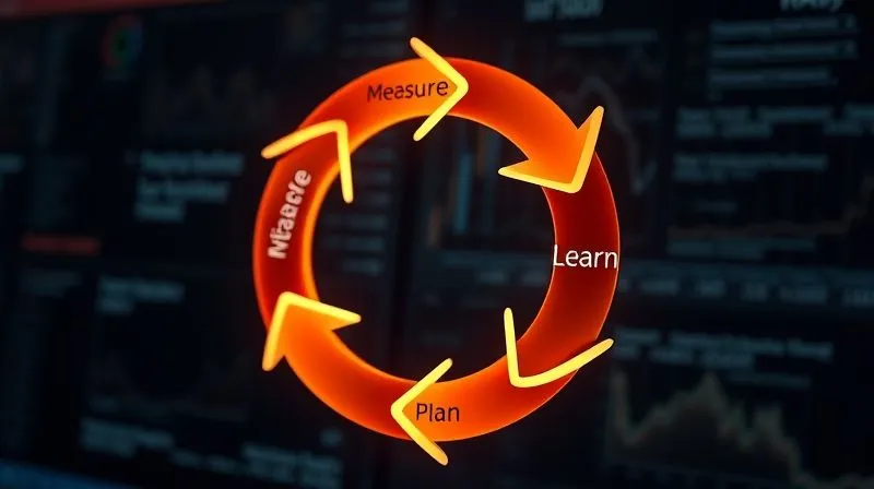 A photorealistic, abstract cyclical diagram showcasing the continuous growth loop: 'Measure, Learn, Iterate, Plan'. Arrows flow smoothly from one stage to the next, illuminated and interconnected, set against a backdrop of subtle data visualizations. Professional photography, 8K, cinematic lighting, sharp focus on the loop, depth of field, shot on a high-end DSLR, conveying dynamic progress. A photorealistic, abstract cyclical diagram showcasing the continuous growth loop: 'Measure, Learn, Iterate, Plan'. Arrows flow smoothly from one stage to the next, illuminated and interconnected, set against a backdrop of subtle data visualizations. Professional photography, 8K, cinematic lighting, sharp focus on the loop, depth of field, shot on a high-end DSLR, conveying dynamic progress.