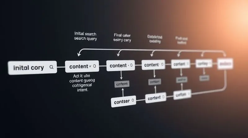 A photorealistic flowchart illustrating a user's journey from an initial search query (informational intent) through various content types to a final conversion point (transactional intent), with arrows indicating progress. The flow is smooth and logical, representing a well-optimized path, 8K hyper-detailed, cinematic lighting, sharp focus, depth of field, professional photography, shot on a high-end DSLR.