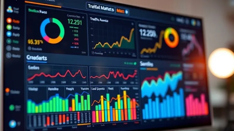 A photorealistic dashboard displaying various digital marketing metrics: conversion rates, traffic sources, lead generation funnels, and A/B test results. The data is presented clearly with vibrant charts and graphs, indicating growth and positive trends. Cinematic lighting, sharp focus on the dashboard, depth of field blurring the background, 8K hyper-detailed, professional photography, shot on a high-end DSLR.