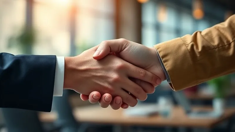 A photorealistic image of two hands shaking firmly, one hand holding a subtly blurred business card. The background shows a soft-focus, modern office environment. Emphasize the warmth and sincerity of the handshake, cinematic lighting, sharp focus on the hands, depth of field, 8K hyper-detailed.