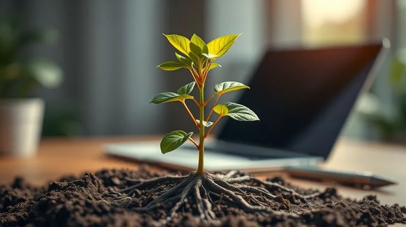 A photorealistic image of a blossoming plant with strong roots, symbolizing a nurtured business relationship. Soft, warm light, sharp focus on the plant, depth of field blurring a background of subtle business elements like a laptop or a pen. 8K, cinematic lighting.