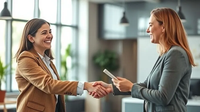 A photorealistic image of a delighted client shaking hands with a service provider, both smiling genuinely. The client is holding a document or a small gift. The setting is a bright, modern office, emphasizing satisfaction and a positive outcome. Cinematic lighting, sharp focus, depth of field, 8K.